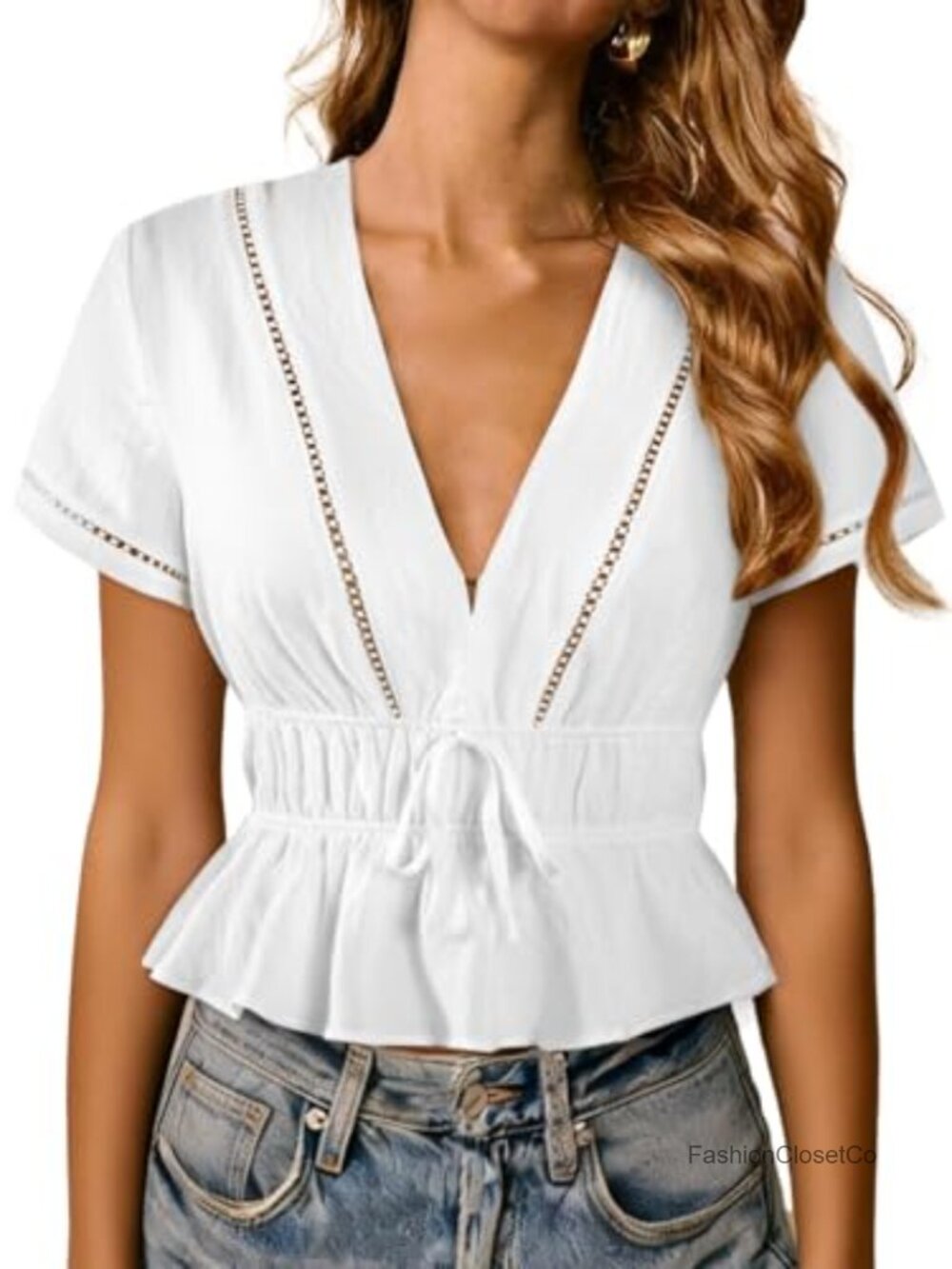 Women's Smocked Waist Peplum Blouse V Neck Short Sleeve